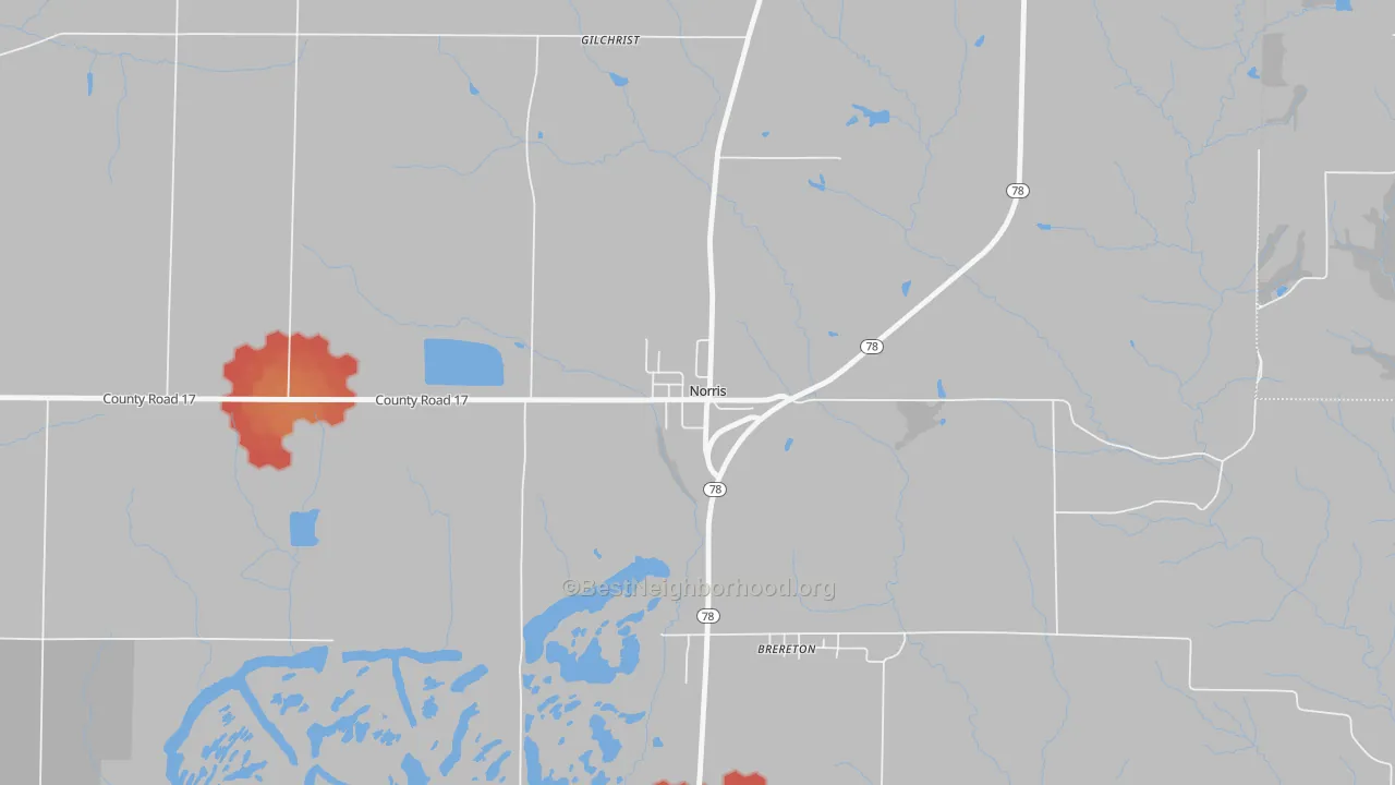 Walk Grade map of 61553, IL, walkable areas in green and car-dependent areas in red