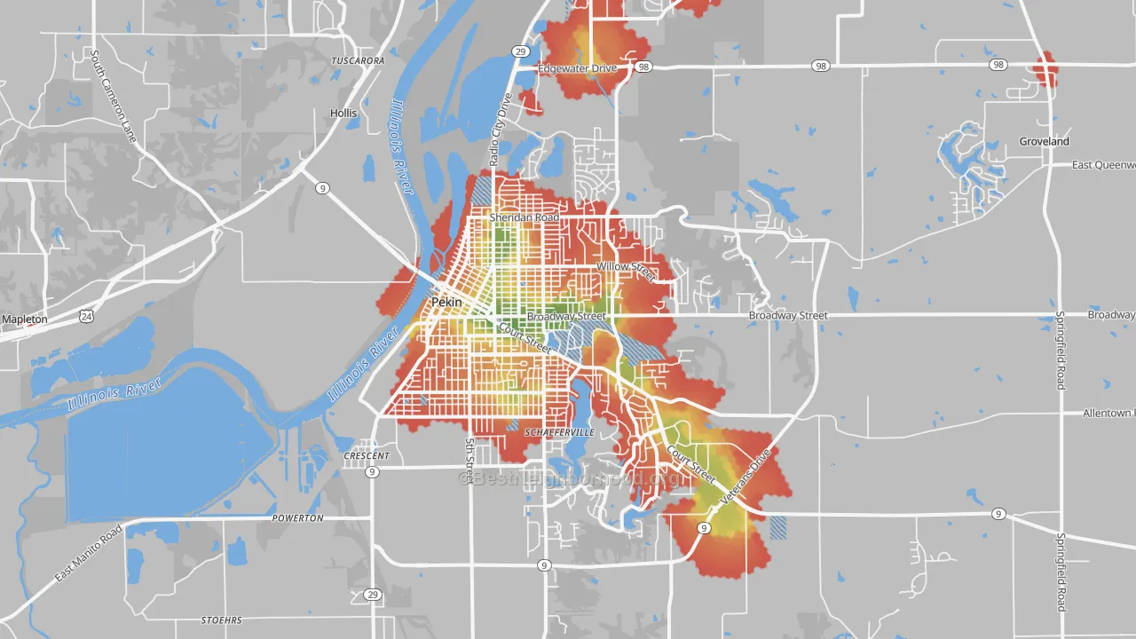 Walk Grade map of 61554, IL, walkable areas in green and car-dependent areas in red