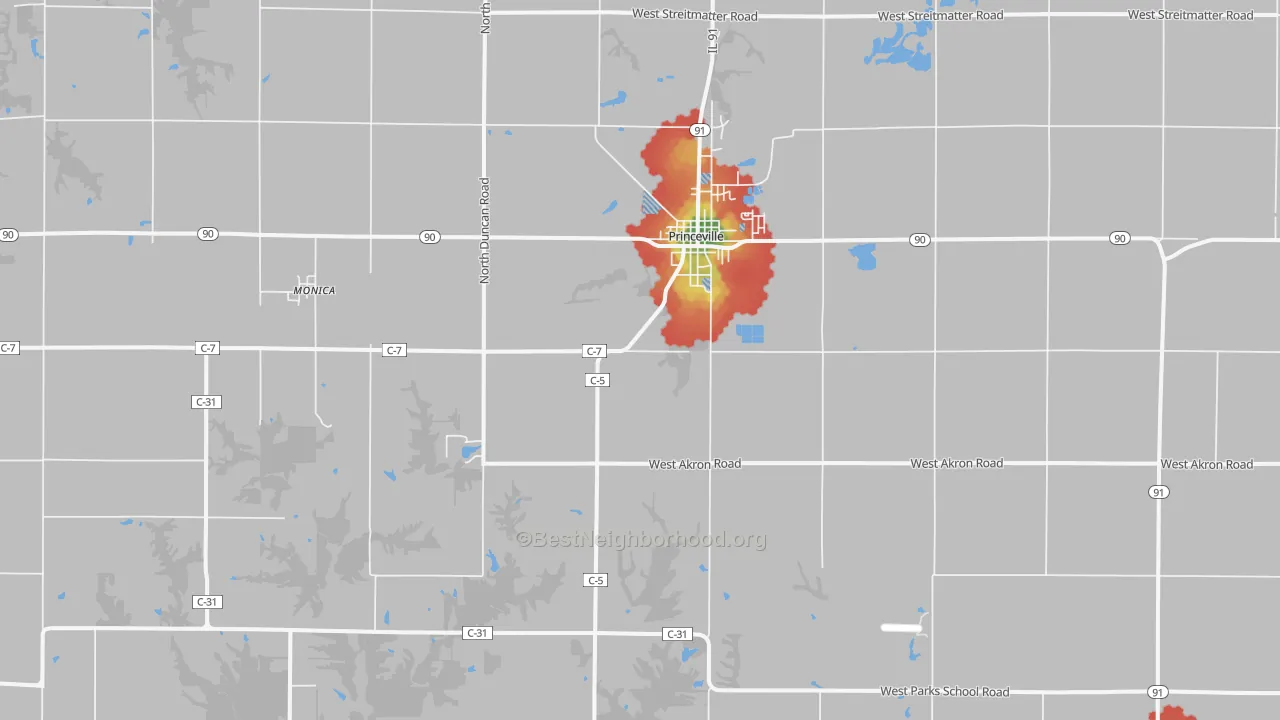 Walk Grade map of 61559, IL, walkable areas in green and car-dependent areas in red
