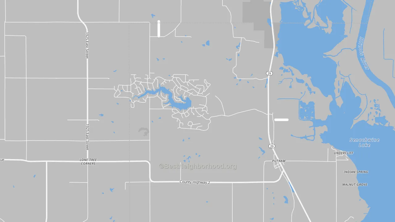 Walk Grade map of 61560, IL, walkable areas in green and car-dependent areas in red
