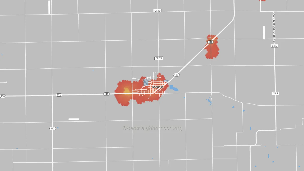 Walk Grade map of 61561, IL, walkable areas in green and car-dependent areas in red
