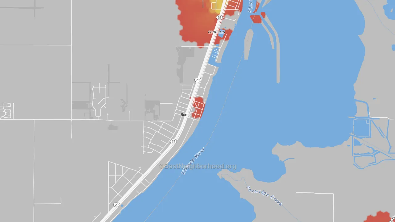 Walk Grade map of 61562, IL, walkable areas in green and car-dependent areas in red