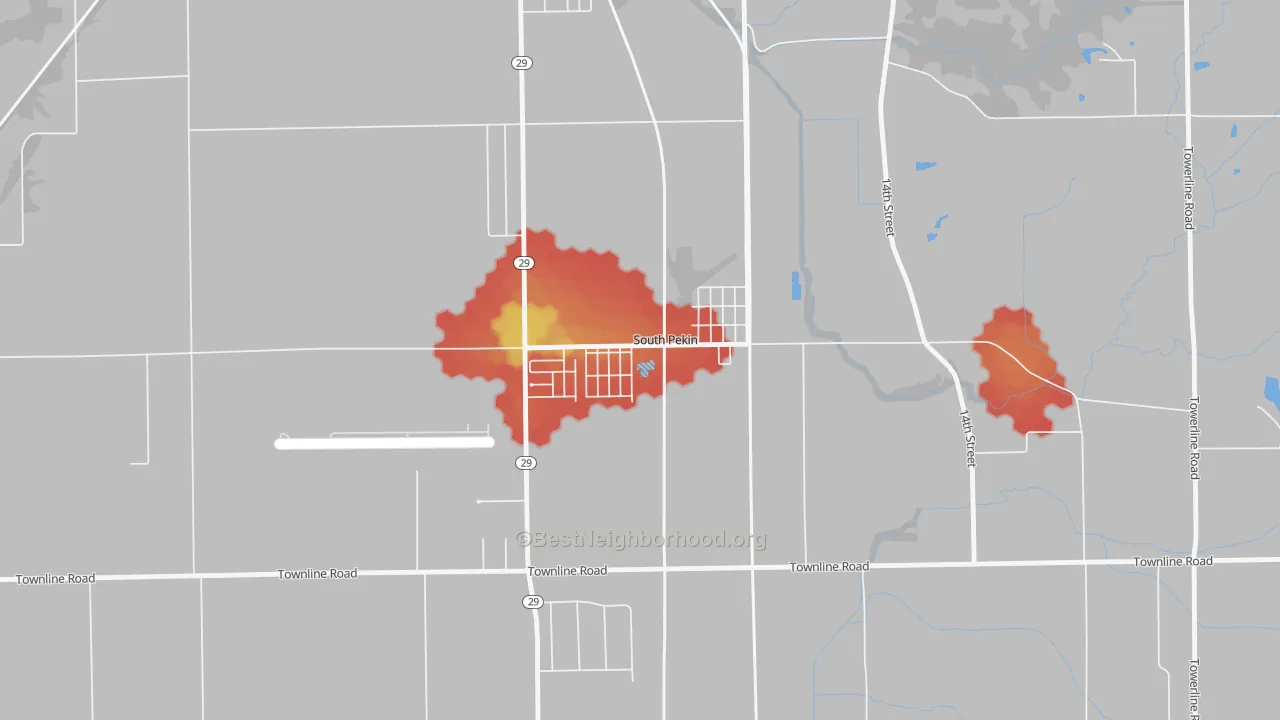 Walk Grade map of 61564, IL, walkable areas in green and car-dependent areas in red