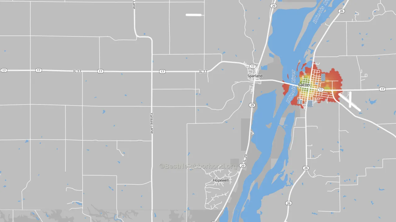 Walk Grade map of 61565, IL, walkable areas in green and car-dependent areas in red
