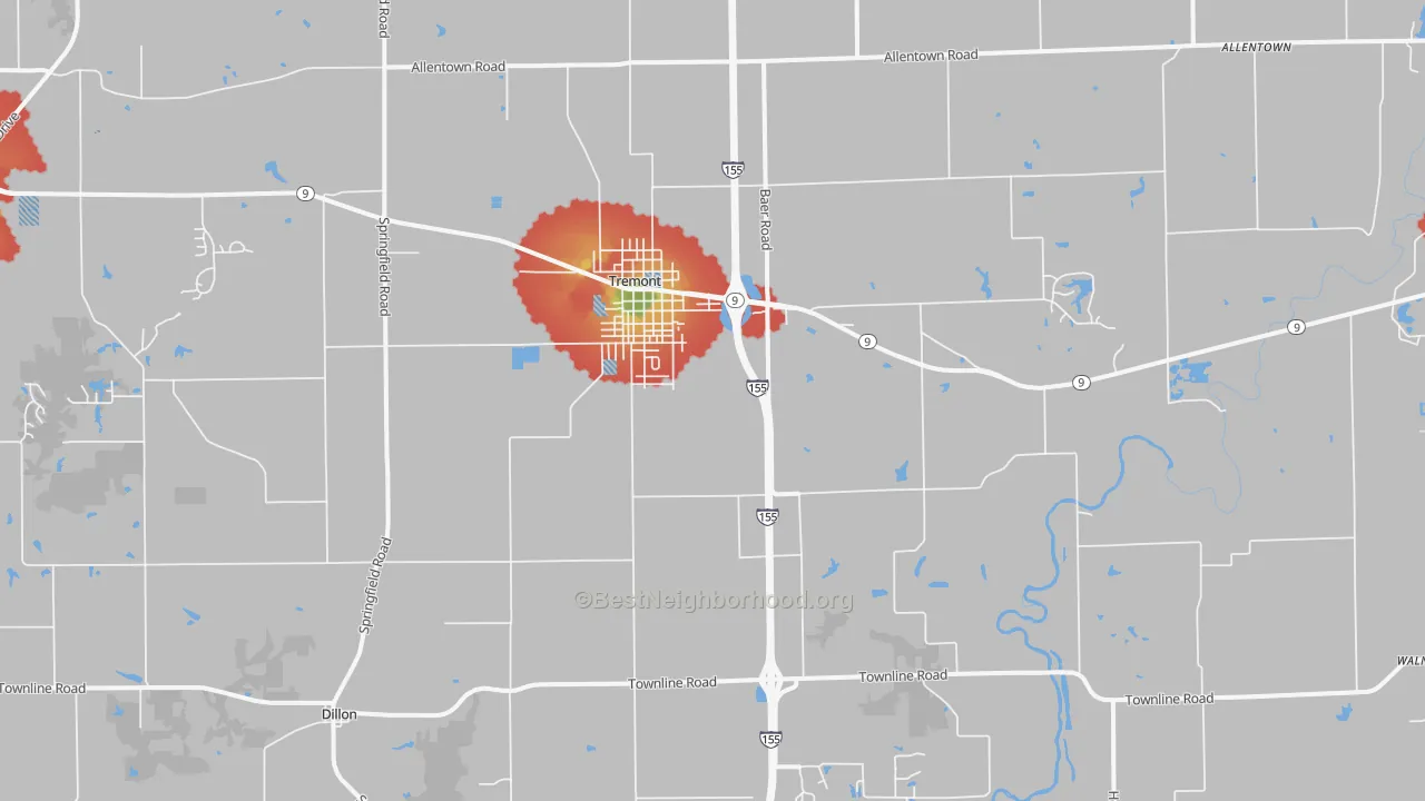 Walk Grade map of 61568, IL, walkable areas in green and car-dependent areas in red