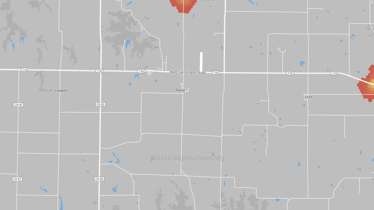 Walk Grade map of 61569, IL, walkable areas in green and car-dependent areas in red