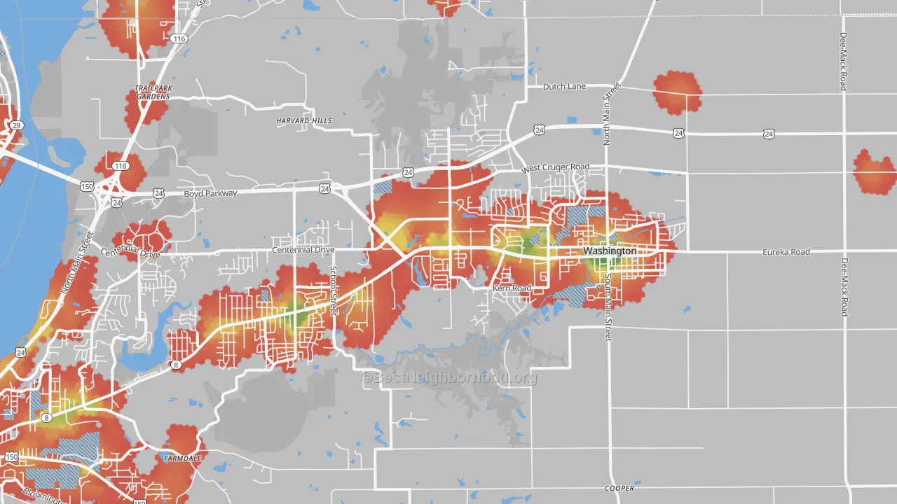Walk Grade map of 61571, IL, walkable areas in green and car-dependent areas in red
