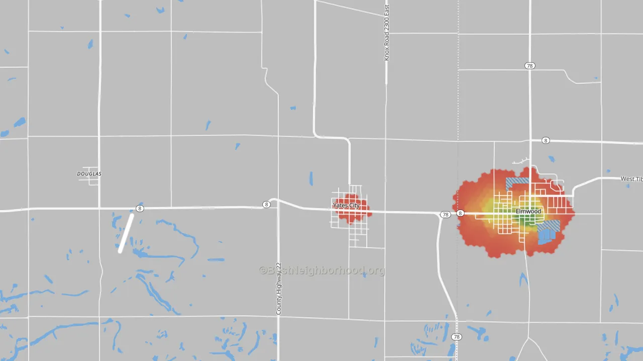 Walk Grade map of 61572, IL, walkable areas in green and car-dependent areas in red