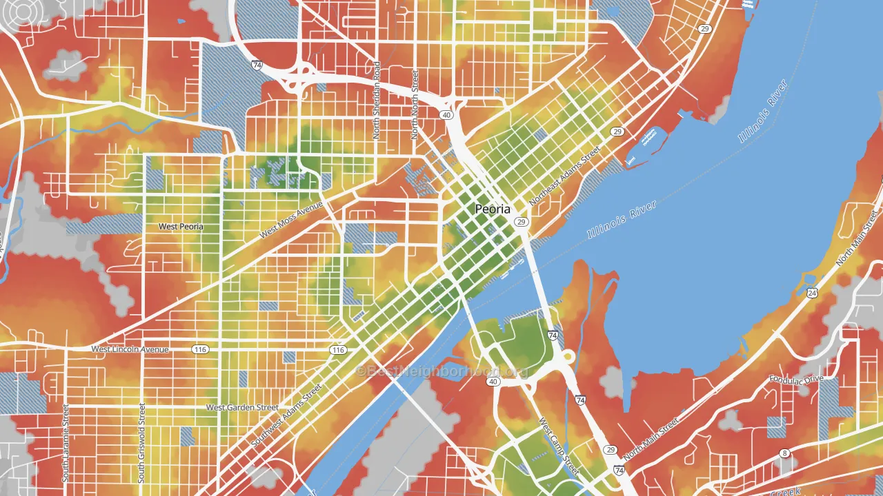 Walk Grade map of 61602, IL, walkable areas in green and car-dependent areas in red