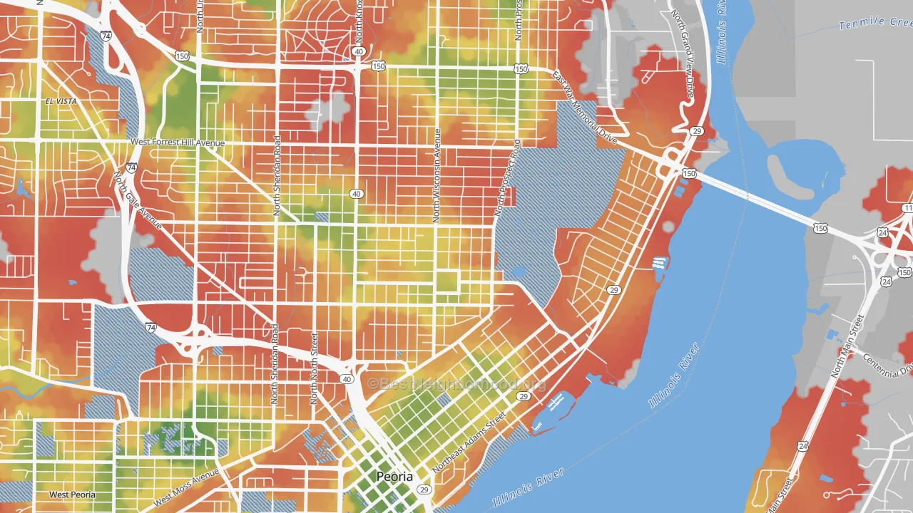 Walk Grade map of 61603, IL, walkable areas in green and car-dependent areas in red