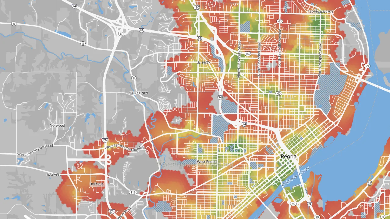 Walk Grade map of 61604, IL, walkable areas in green and car-dependent areas in red