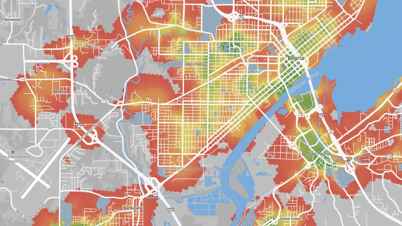Walk Grade map of 61605, IL, walkable areas in green and car-dependent areas in red