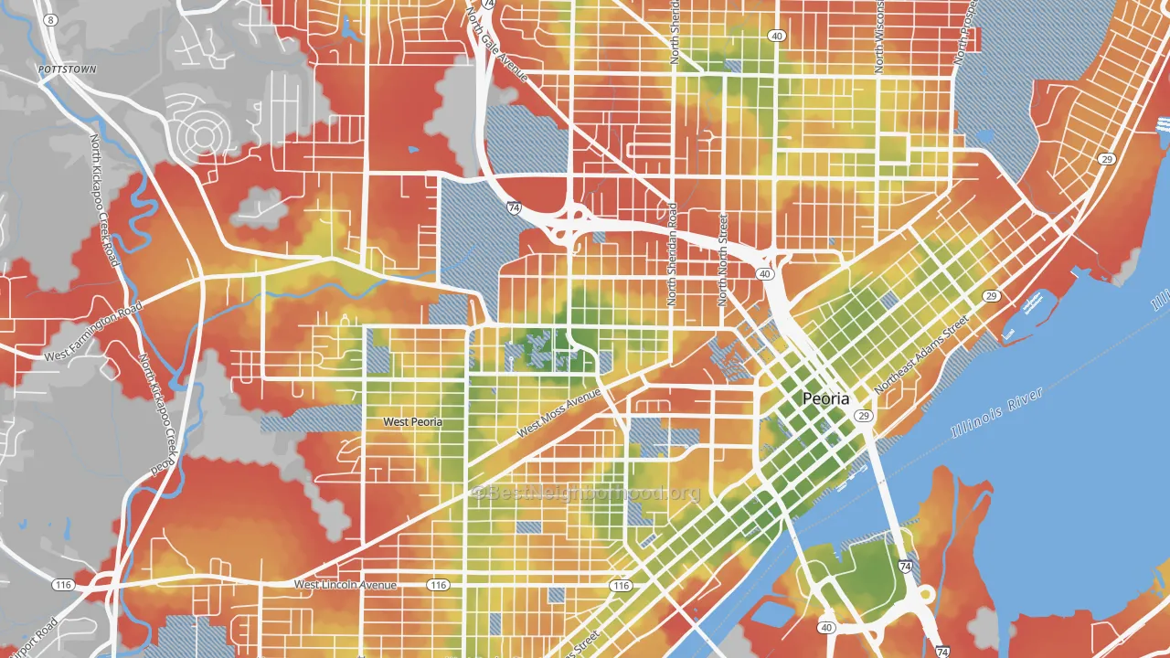 Walk Grade map of 61606, IL, walkable areas in green and car-dependent areas in red