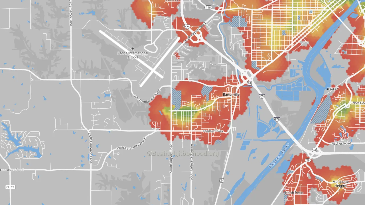 Walk Grade map of 61607, IL, walkable areas in green and car-dependent areas in red