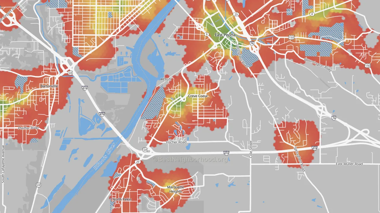 Walk Grade map of 61610, IL, walkable areas in green and car-dependent areas in red