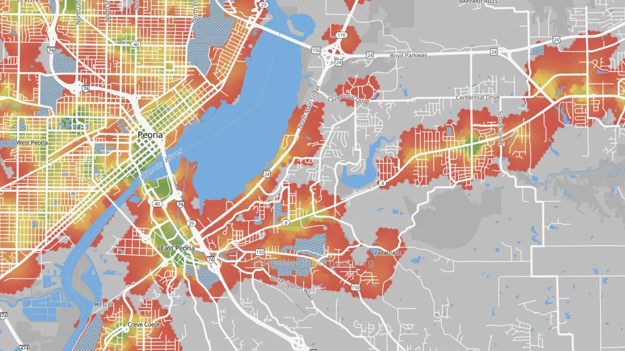 Walk Grade map of 61611, IL, walkable areas in green and car-dependent areas in red