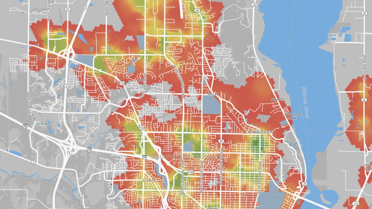 Walk Grade map of 61614, IL, walkable areas in green and car-dependent areas in red