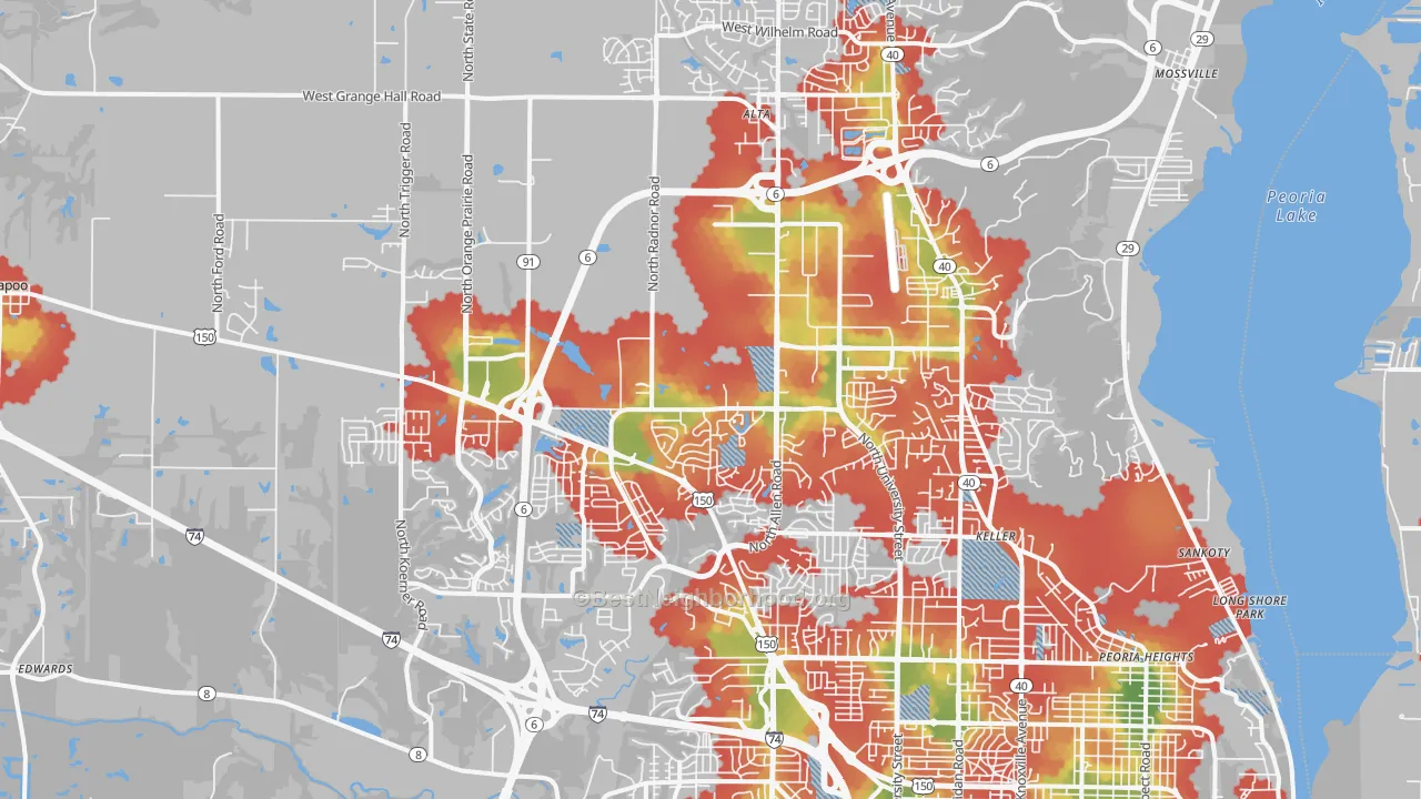 Walk Grade map of 61615, IL, walkable areas in green and car-dependent areas in red