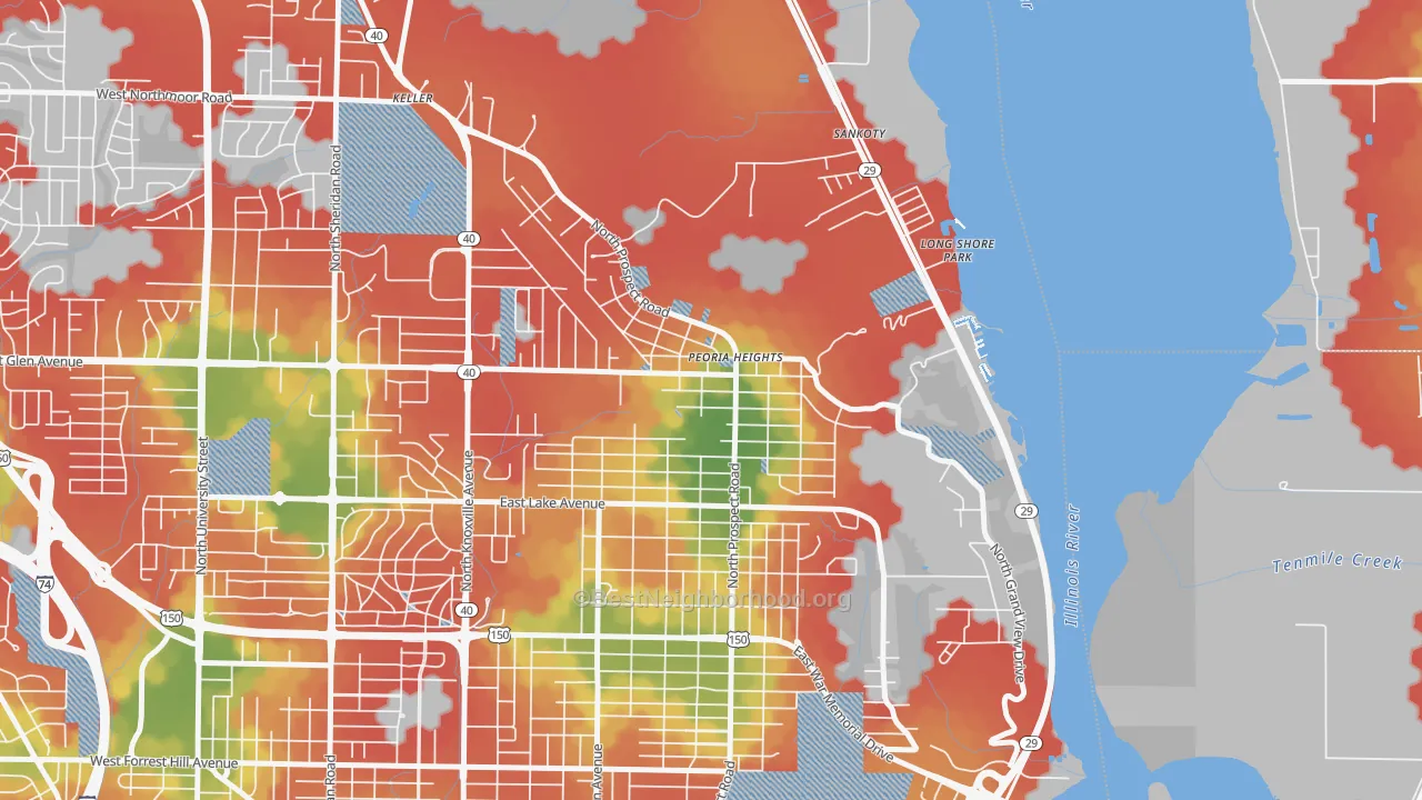 Walk Grade map of 61616, IL, walkable areas in green and car-dependent areas in red