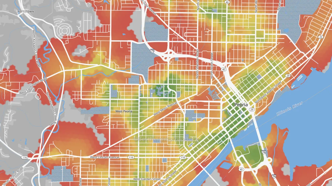 Walk Grade map of 61625, IL, walkable areas in green and car-dependent areas in red