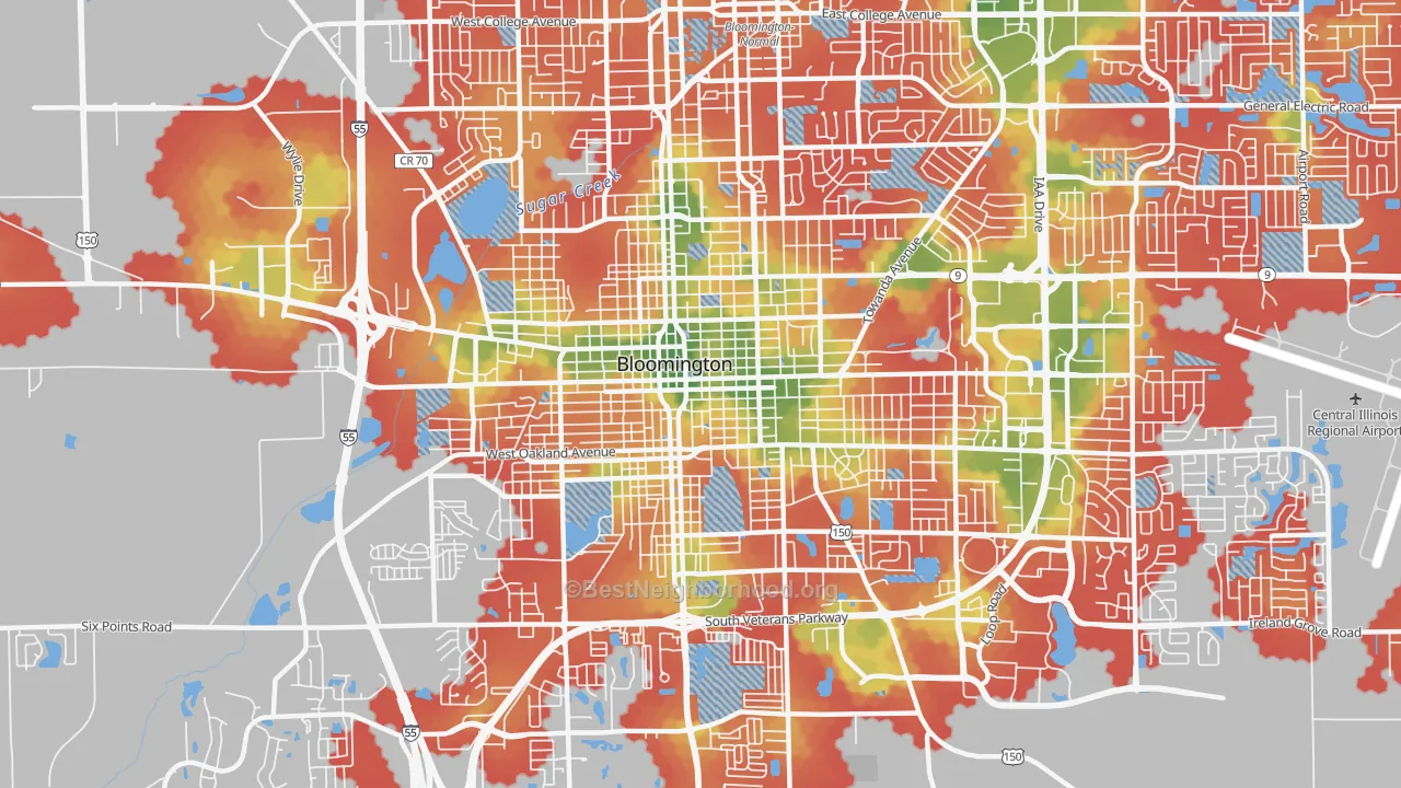 Walk Grade map of 61701, IL, walkable areas in green and car-dependent areas in red