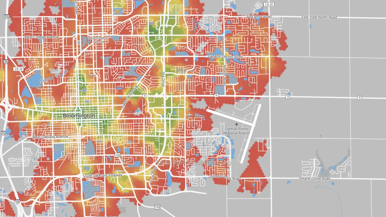 Walk Grade map of 61704, IL, walkable areas in green and car-dependent areas in red