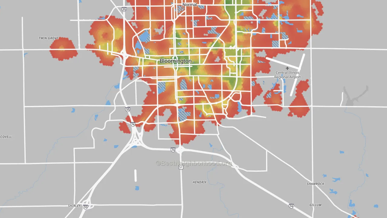 Walk Grade map of 61705, IL, walkable areas in green and car-dependent areas in red