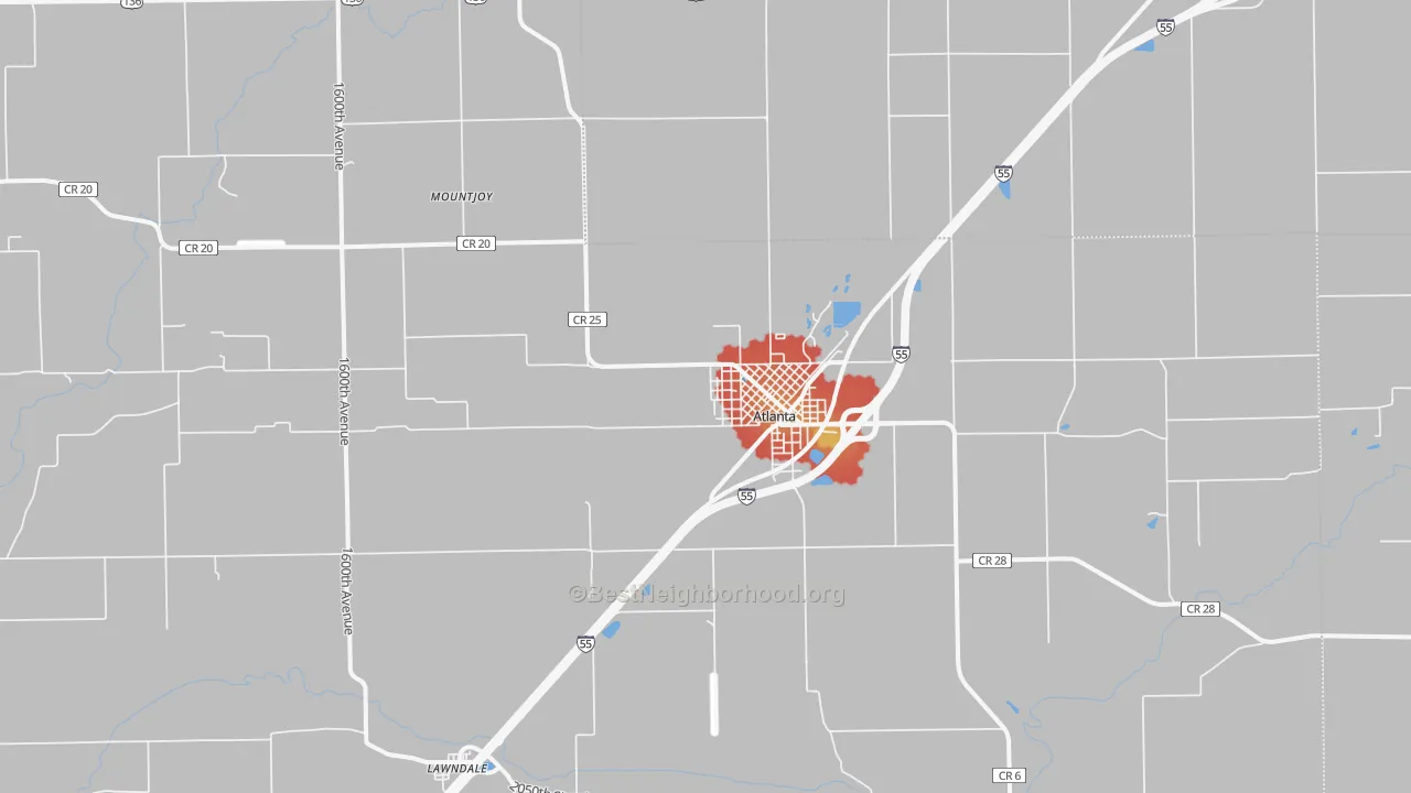 Walk Grade map of 61723, IL, walkable areas in green and car-dependent areas in red