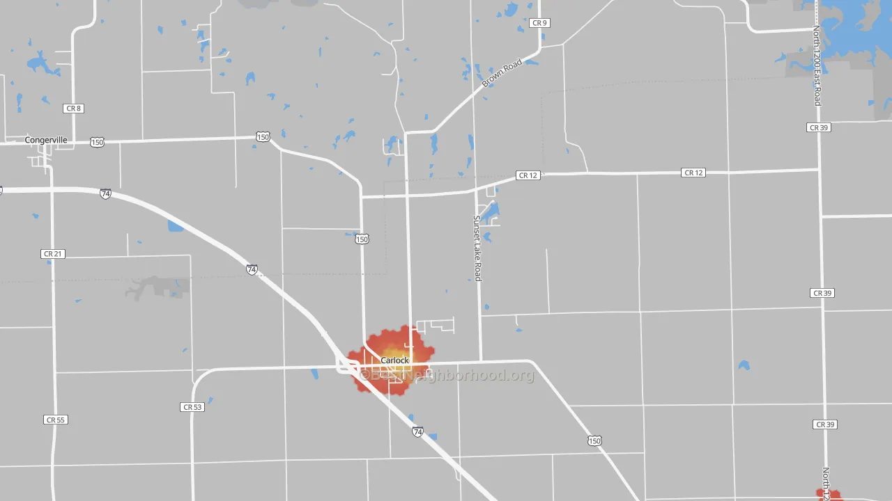 Walk Grade map of 61725, IL, walkable areas in green and car-dependent areas in red