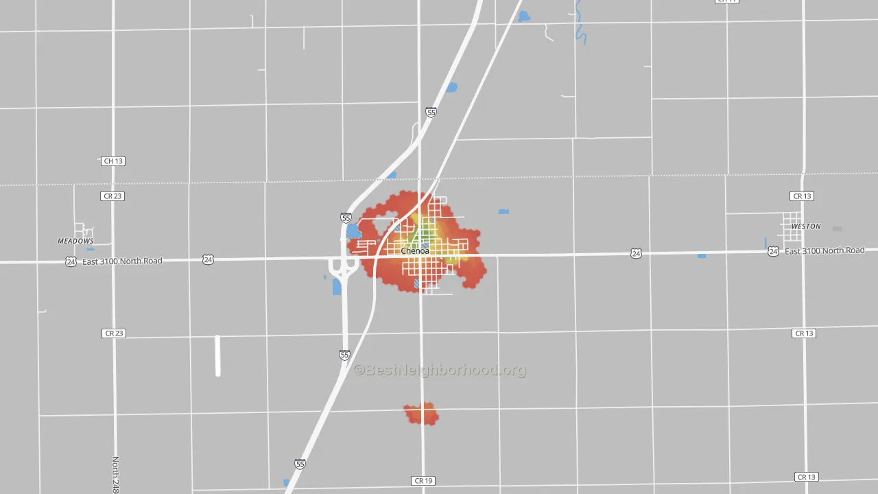 Walk Grade map of 61726, IL, walkable areas in green and car-dependent areas in red