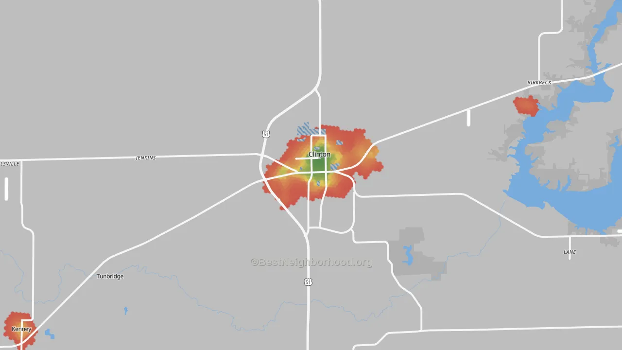 Walk Grade map of 61727, IL, walkable areas in green and car-dependent areas in red