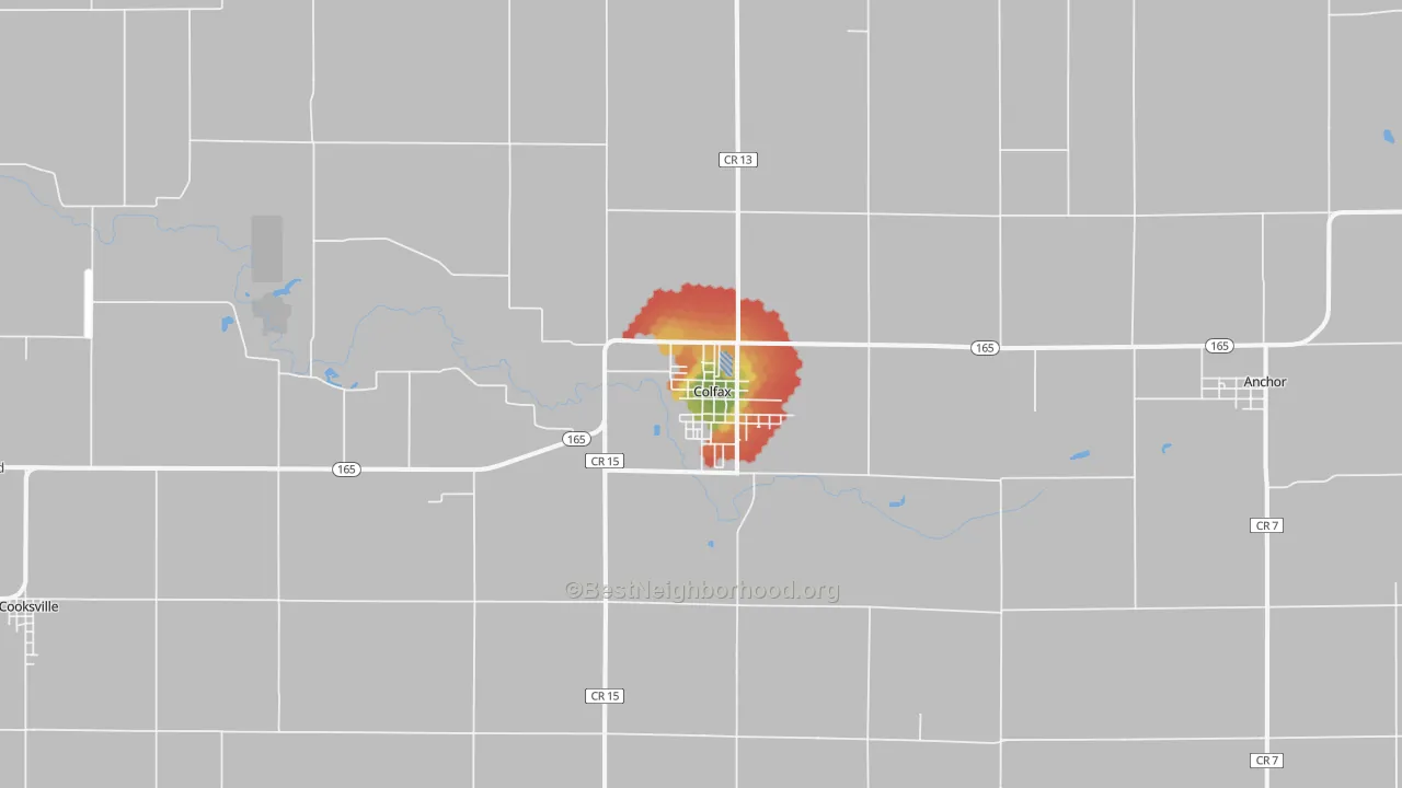 Walk Grade map of 61728, IL, walkable areas in green and car-dependent areas in red