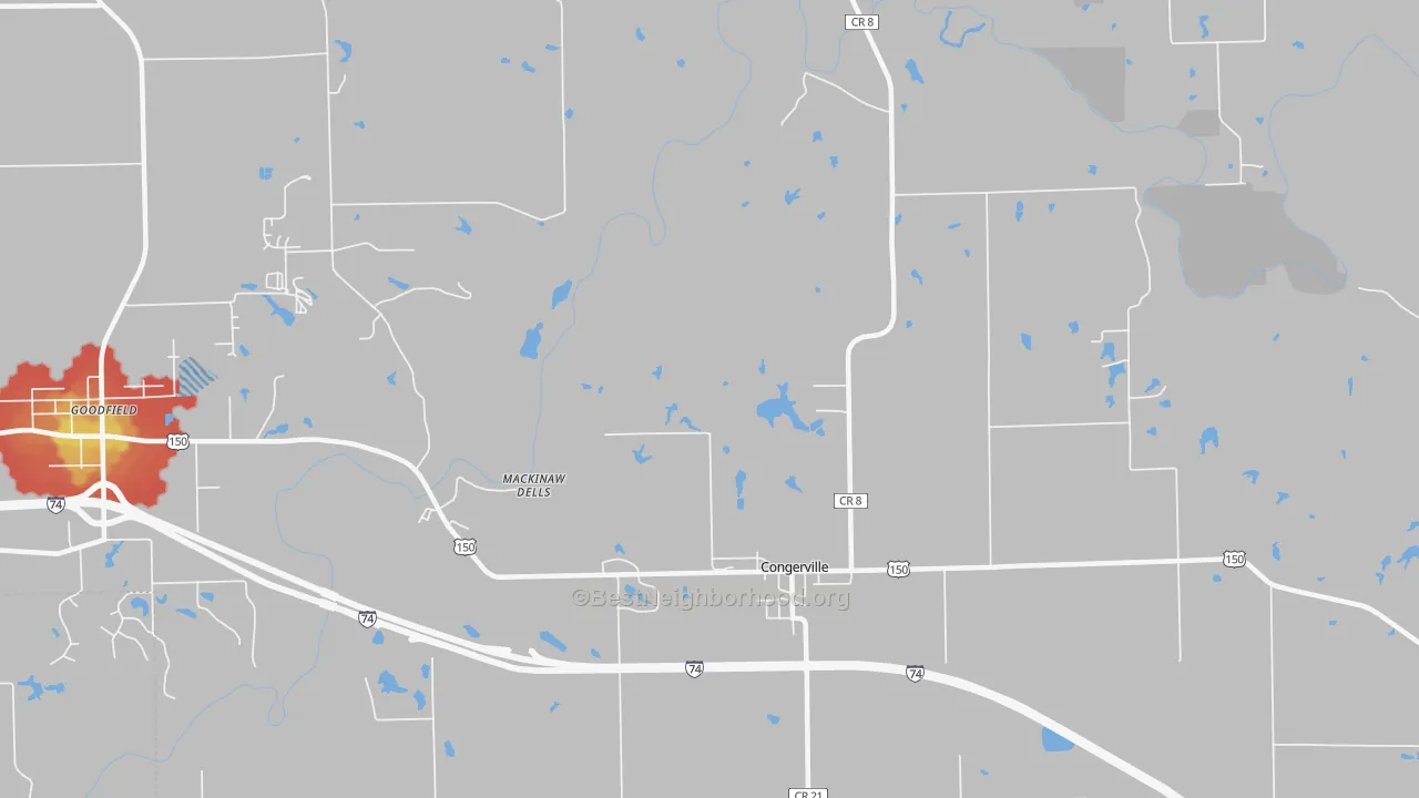Walk Grade map of 61729, IL, walkable areas in green and car-dependent areas in red