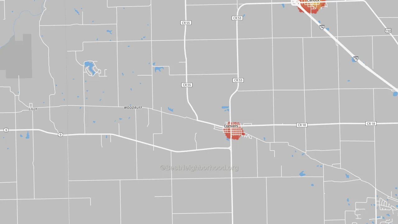 Walk Grade map of 61732, IL, walkable areas in green and car-dependent areas in red