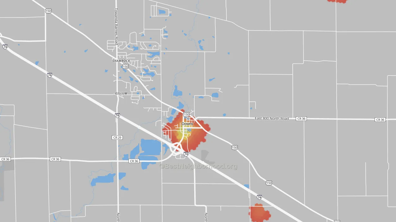 Walk Grade map of 61736, IL, walkable areas in green and car-dependent areas in red