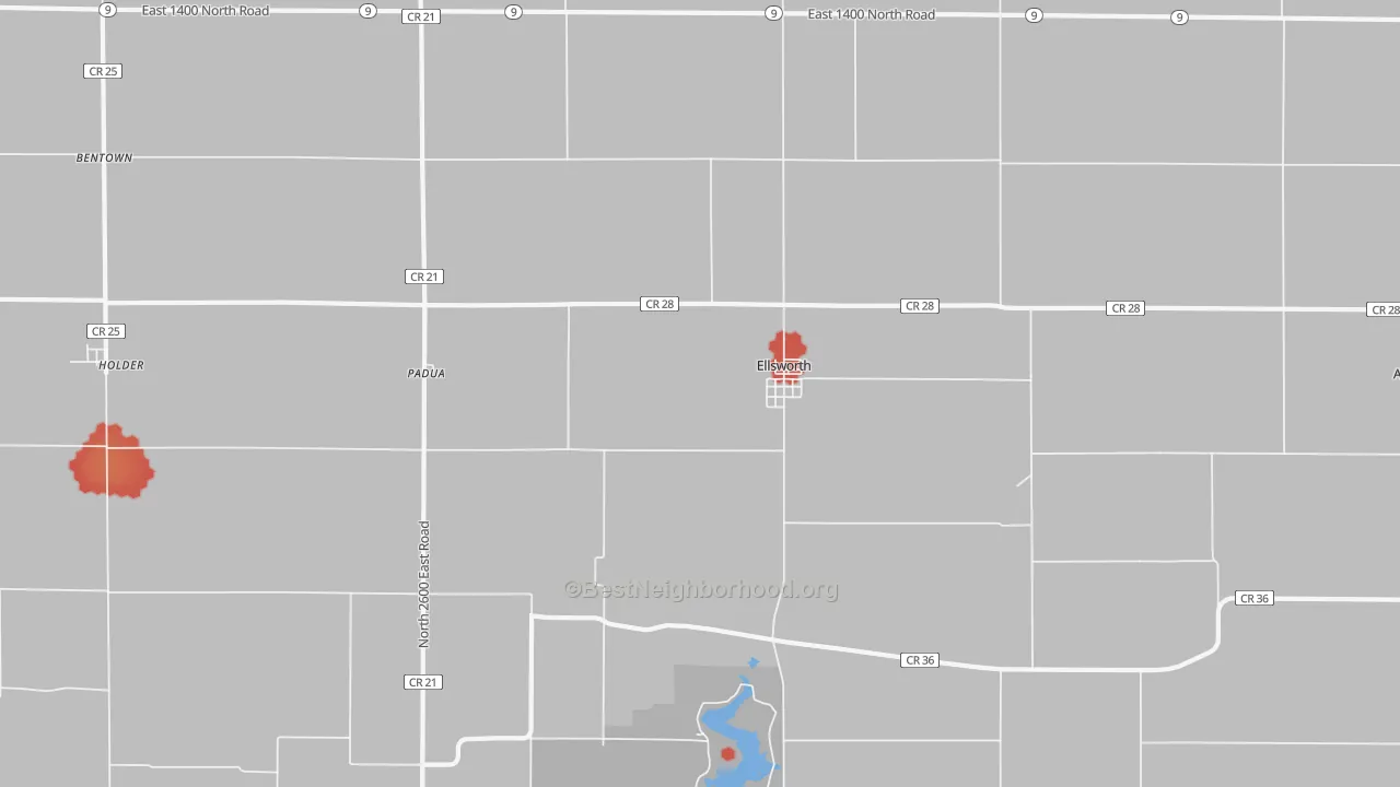 Walk Grade map of 61737, IL, walkable areas in green and car-dependent areas in red