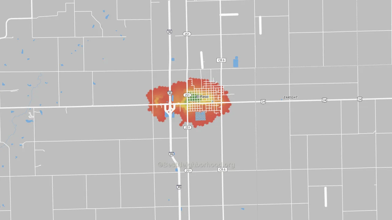 Walk Grade map of 61738, IL, walkable areas in green and car-dependent areas in red