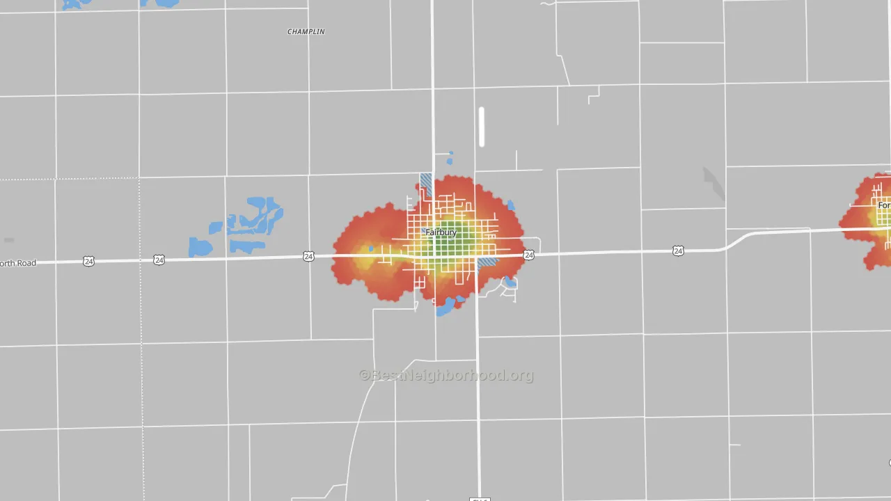 Walk Grade map of 61739, IL, walkable areas in green and car-dependent areas in red