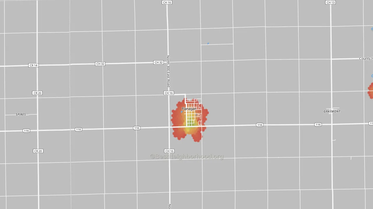 Walk Grade map of 61740, IL, walkable areas in green and car-dependent areas in red