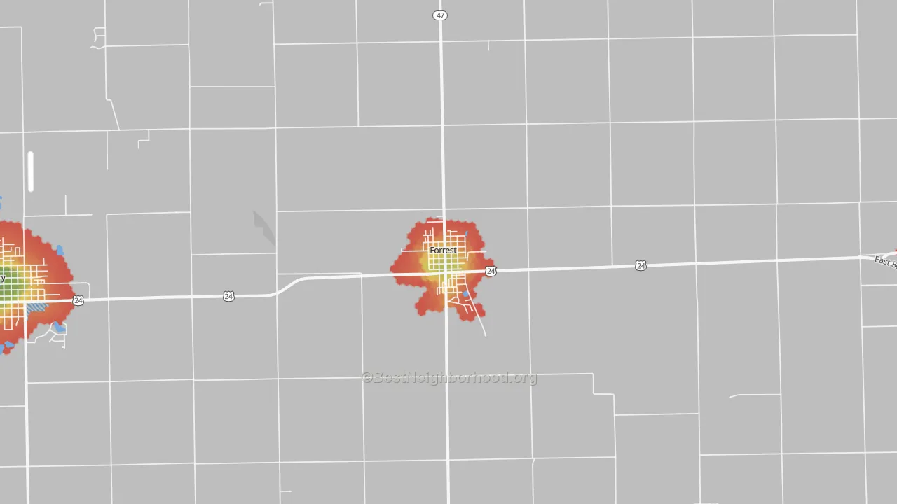 Walk Grade map of 61741, IL, walkable areas in green and car-dependent areas in red
