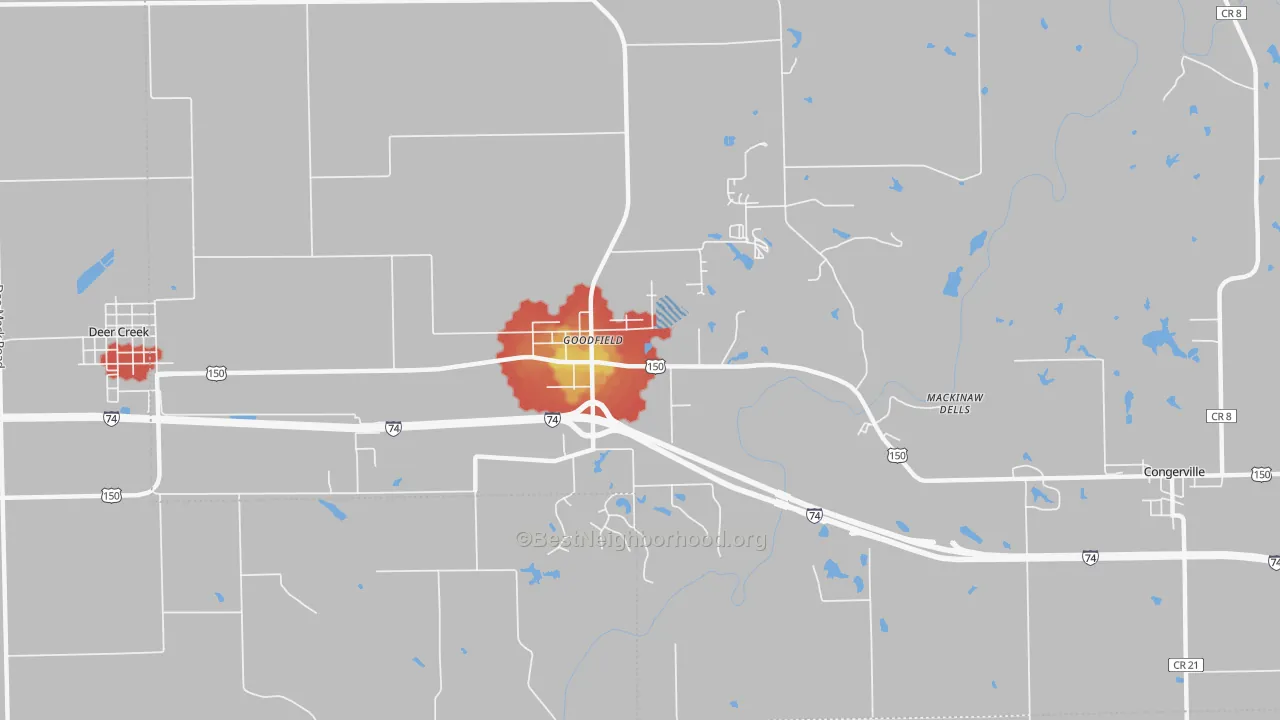 Walk Grade map of 61742, IL, walkable areas in green and car-dependent areas in red