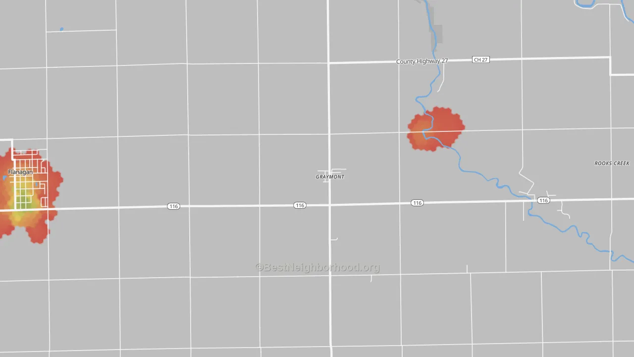 Walk Grade map of 61743, IL, walkable areas in green and car-dependent areas in red