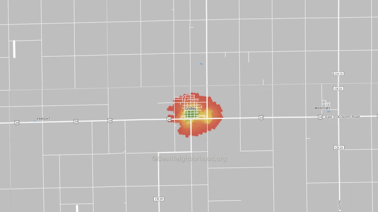 Walk Grade map of 61744, IL, walkable areas in green and car-dependent areas in red