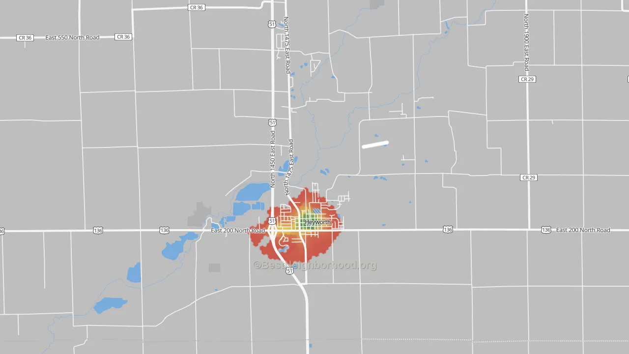 Walk Grade map of 61745, IL, walkable areas in green and car-dependent areas in red