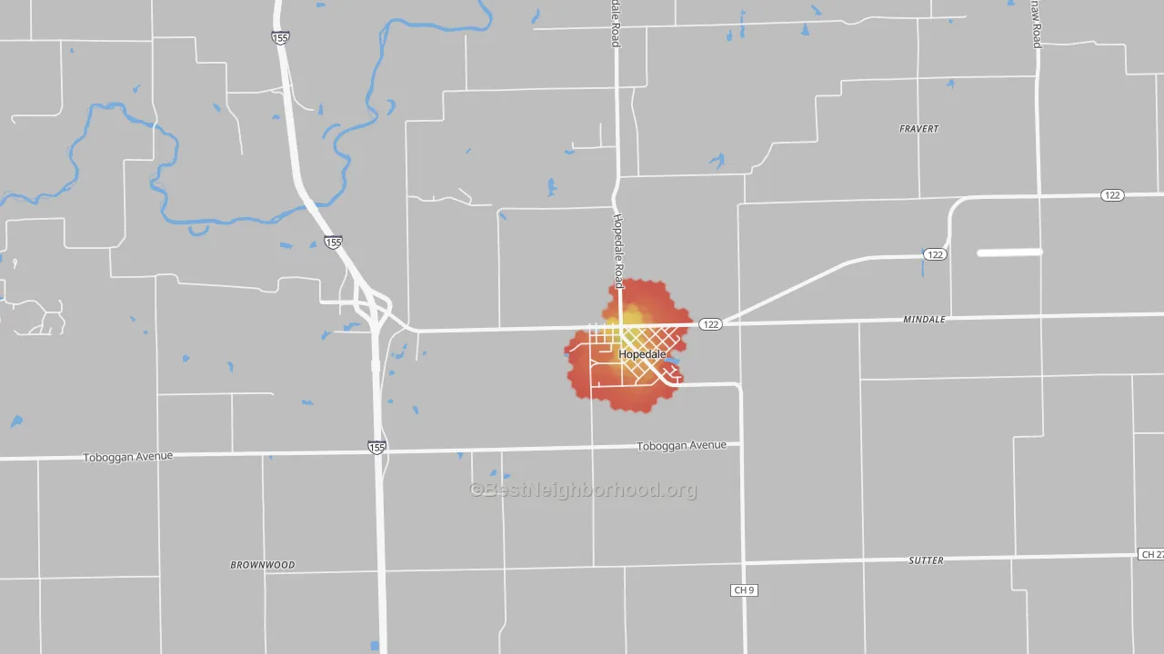 Walk Grade map of 61747, IL, walkable areas in green and car-dependent areas in red