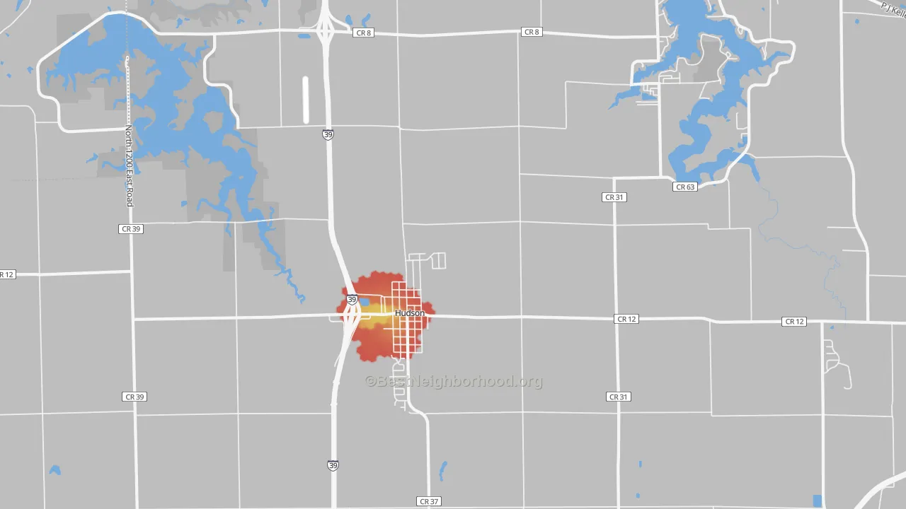 Walk Grade map of 61748, IL, walkable areas in green and car-dependent areas in red