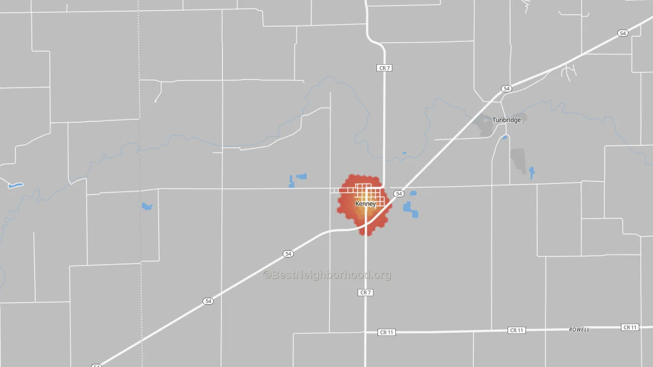 Walk Grade map of 61749, IL, walkable areas in green and car-dependent areas in red