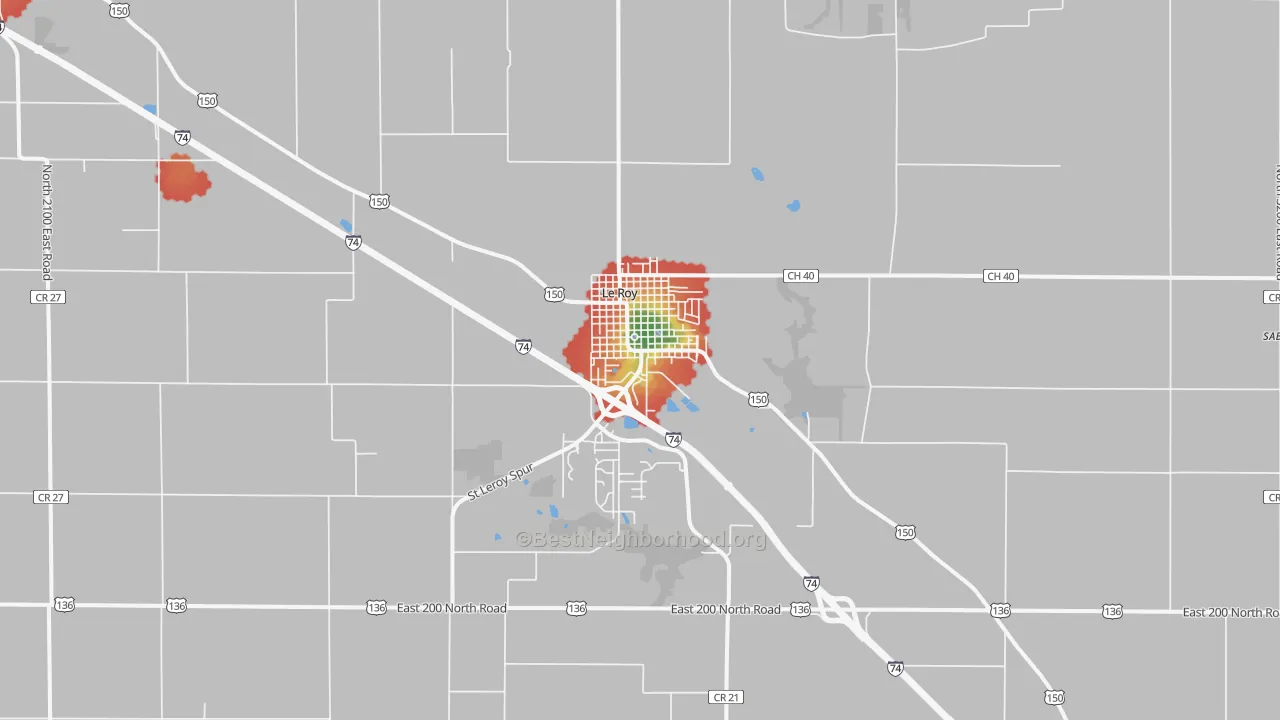 Walk Grade map of 61752, IL, walkable areas in green and car-dependent areas in red
