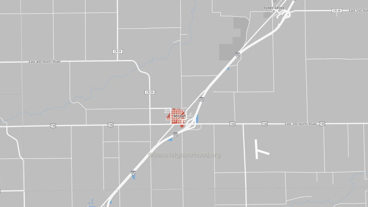 Walk Grade map of 61754, IL, walkable areas in green and car-dependent areas in red