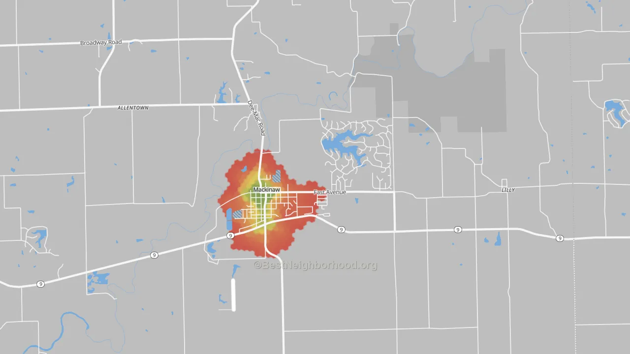 Walk Grade map of 61755, IL, walkable areas in green and car-dependent areas in red